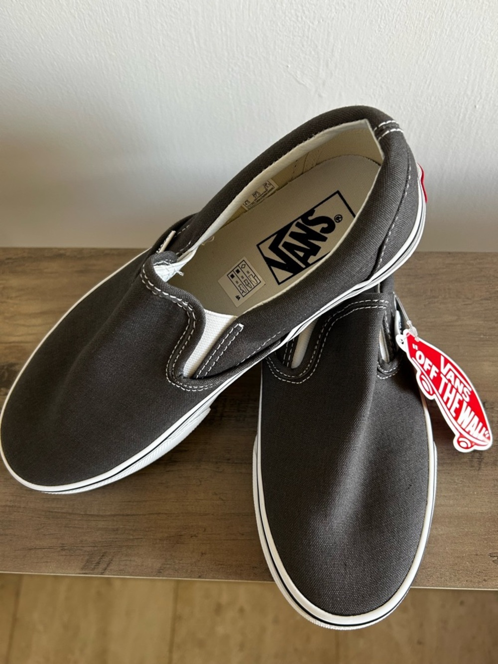 Vans Charcoal Gray Slip-On Canvas Sneakers with White Soles - Picture 2 of 6